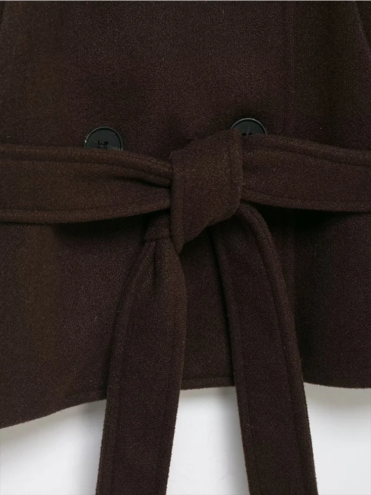 Women Stand Collar Woolen Coats Spring Double Breasted Long Sleeve Jacket With Belt Fashion Office Lady Street Short Coat
