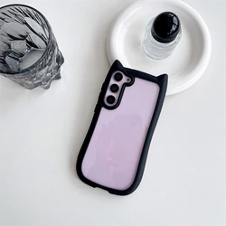 Korean Cute Candy Color 3D Cat Ears Transparent Kawaii Shockproof Phone Case for Samsung S24 (Black)