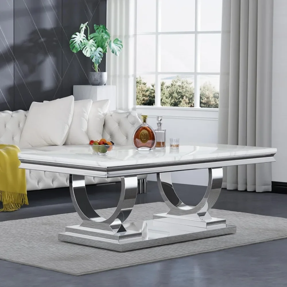 47 Inch Rectangular Coffee Table - Modern White Faux Marble
