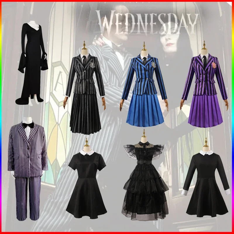 

Костюмы для косплея средней длины, платье Аддамс Гомез, мортисика, карнавальные костюмы на Хэллоуин, искусственная кожа, маскарадная детская одежда, платья, школьная форма