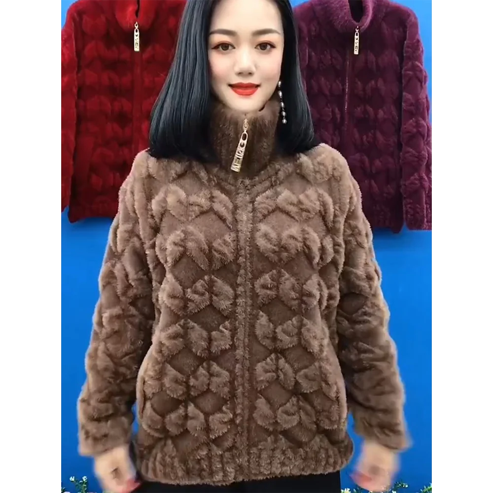중년 노인 어머니 모조 밍크 벨벳 코트, 두꺼운 스탠드 지퍼 카디건 스웨터, 여성 니트 재킷, 6XL, 가을 겨울