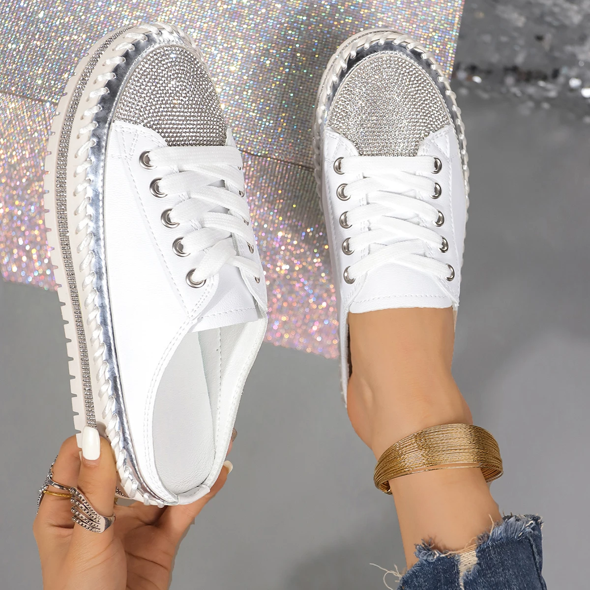 2024 New Crystal Half Slippers for Women Flat Platform Shoes Comfortable and Elegant Women's Shoes Bling Luxury Women's Sandals