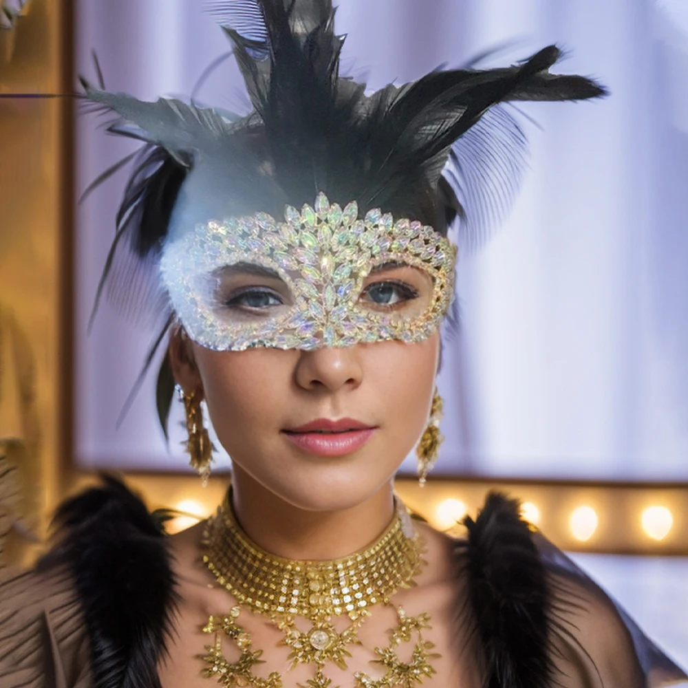 

Stonefans Black Peacock Feather Mask Veil Chain Masquerade for Women Halloween Outfit AB Crystal Venetian Face Jewelry Cosplay