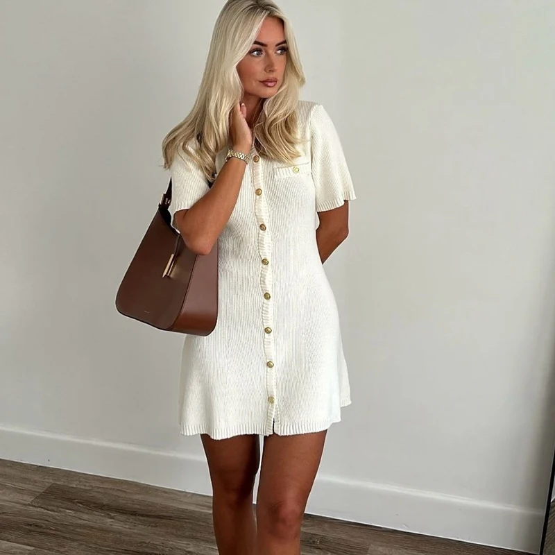 その他トップス Elegant Women Dress White Knit Casual Sexy Stretchy Short Sleeve Button Skinny Bodycon Slim Mini Street Lady Femme Mujer Vestido S2c3040ea516e4f9096242710bafb9