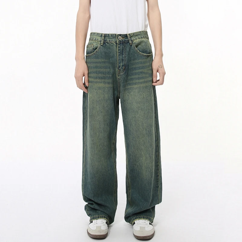 Men Jeans Korean Personality Straight Wide Leg Denim Pants