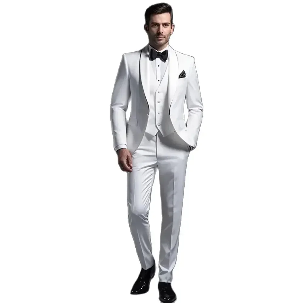 Elegant White Suits for Men 3 Piece Chic Shawl Lapel Single Button Suit Prom Party Wedding Tuxedo Slim (Blazer+Vest+Pants) 3