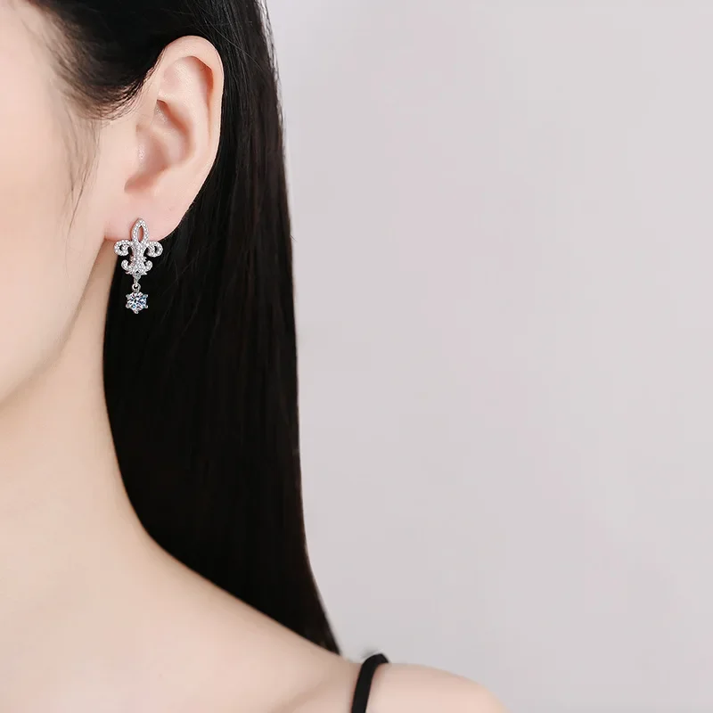 S925 Silver Ear Studs, Morsang Stone Ear Studs, Crown Queen Iris, Premium 1 Carat D Color Morsang Diamond Jewelry Wholesale