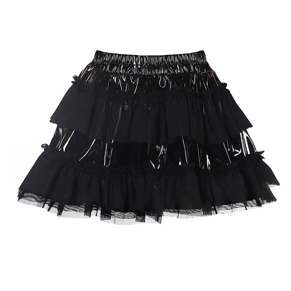 

Womens Punk Gothic Black PVC Leather Mesh Patchwork Ruffle Mini Skirt DS Clubwear Party Costume