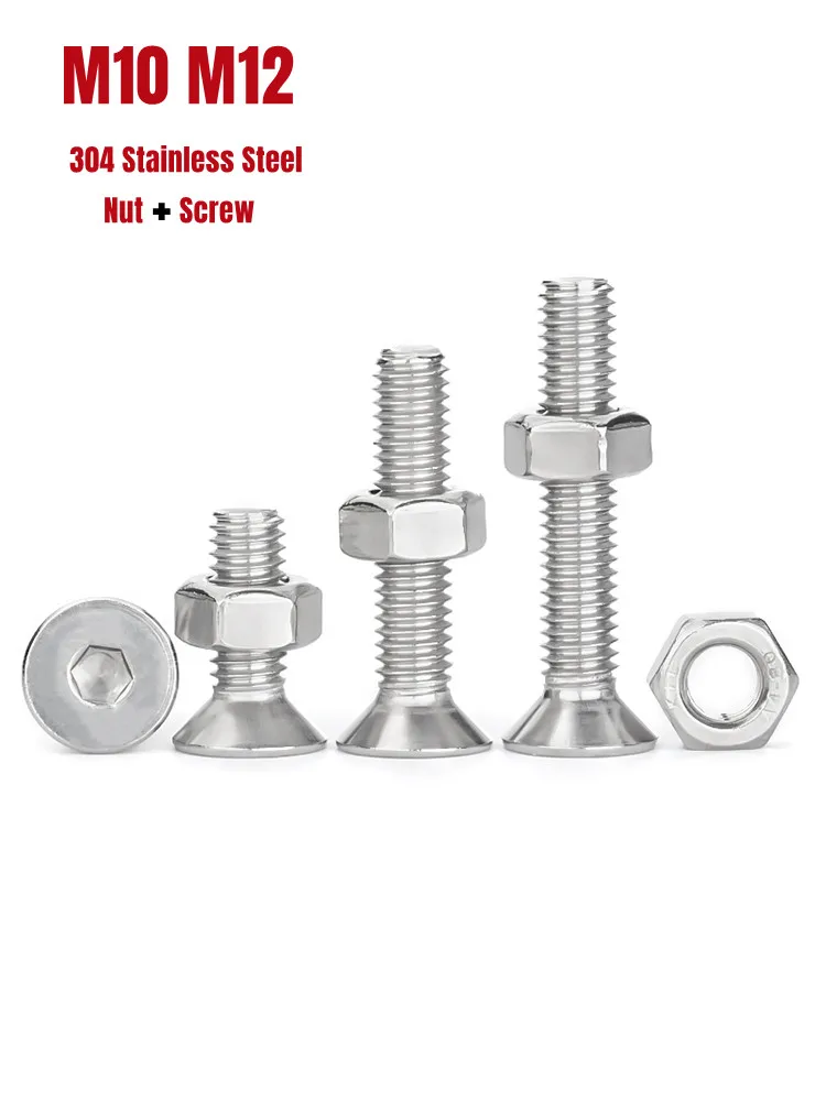 

M10 M12 304 Stainless Steel Bolt Hexagon Hex Socket Flat Head Countersunk Screw and Hex Nut Furniture screws Kit Set