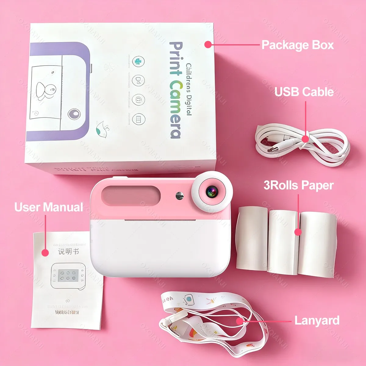 3.0'' HD Big Screen Kids Children's Digital Camera Instant Video Record & Thermal Printer Funprint APP 32G Memory Card optional