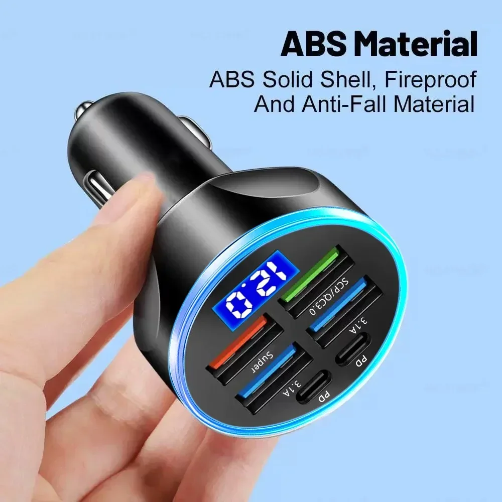 Universal Multi-Port Car Charging Station with LED Display - 27W Fast Charging, 4 USB & 2 Type-C Ports