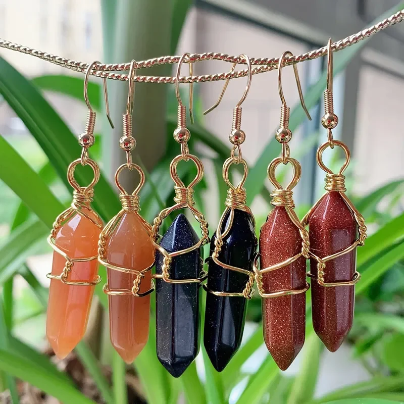 Natural Crystal Earring Wire Wrap Hexagonal Point Bullet