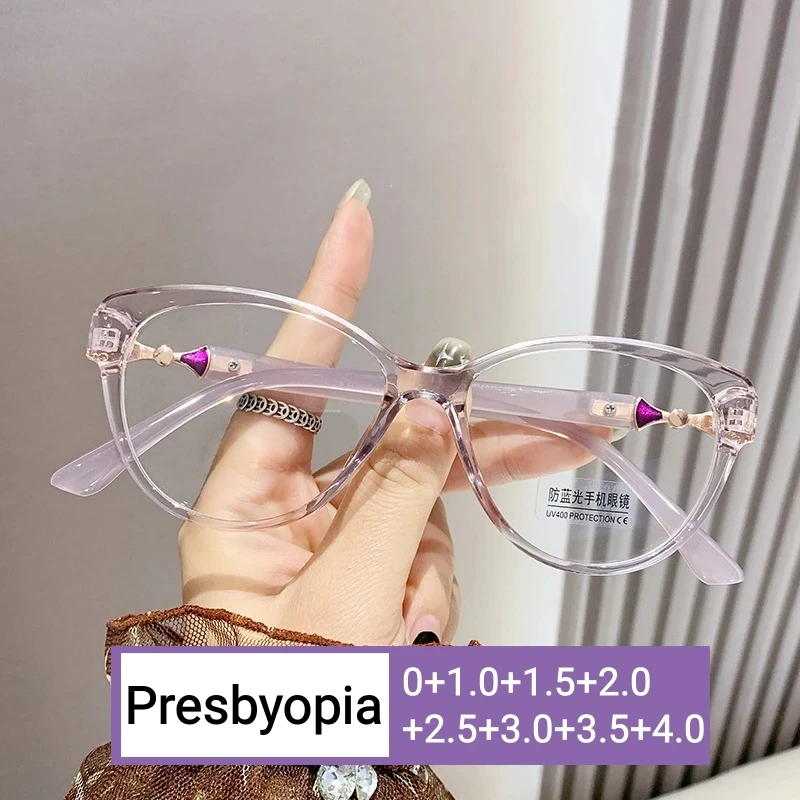 Women Trendy Luxury Finished Reading Glasses Blue Light Blocking Presbyopia for Female Fashion Cat Eye Design Far Sight Eyewear