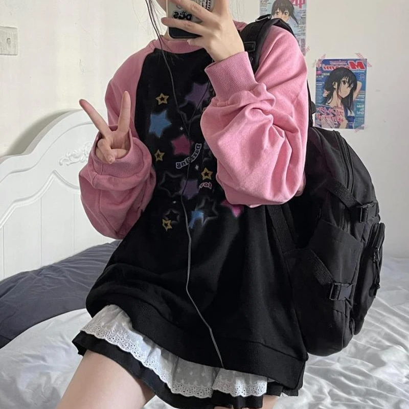 

Y2K Star Print Hoodies Women Harajuku Kpop Casual Female Oversized Sweatshirts Fashion Streetwear Loose Pullover Tops E-girl