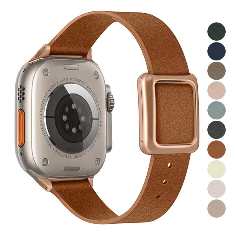 

Тонкий кожаный ремешок для Apple Watch Ultra/2 band 49 мм 41 45 40 44 мм, магнитный силиконовый браслет для iWatch series 9 SE 8 7 6 5 4 3