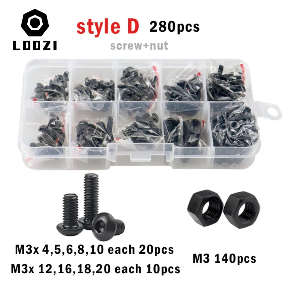 280/450pcs M2 M3 Steel Hex Hexagon Socket Button Round Head Screw Set Allen Bolt Nut Washer Kit Box Black Grade 10.9