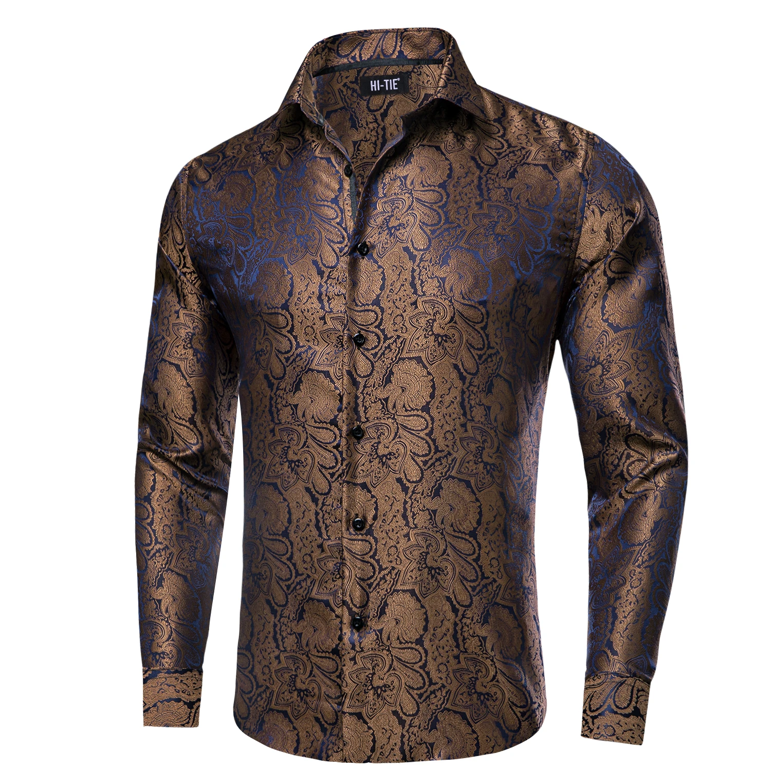 Spring Autumn Brown Mens Silk Shirts Designer Paisley Turndown
