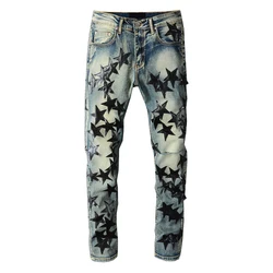 Best Sellers Men's Distressed Streetwear Light Blue Denim Pants Black Stars Patchwork Moustache Holes Ripped Jeans Pants