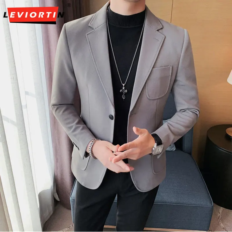 

Осень-зима корейский модный дизайн осень-зима Повседневный костюм мужская куртка однобортный деловой облегающий Блейзер официальный 4XL