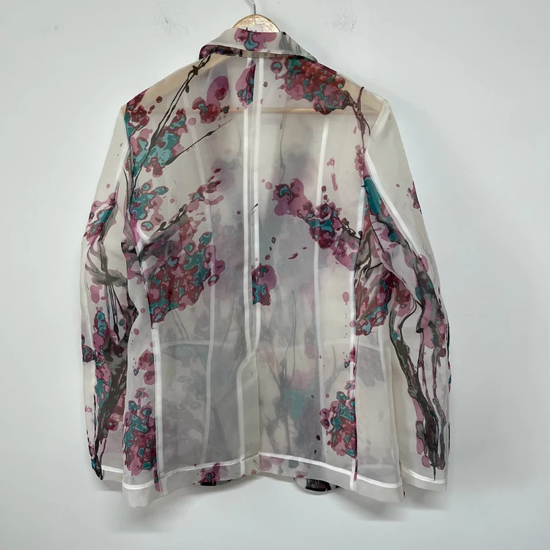 PFHQ Men's Elegant Fresh Plum Blossom Printing Suit Coat Perspective Organza Designer China-Chic Autumn New Blazers Coat 21Z2118