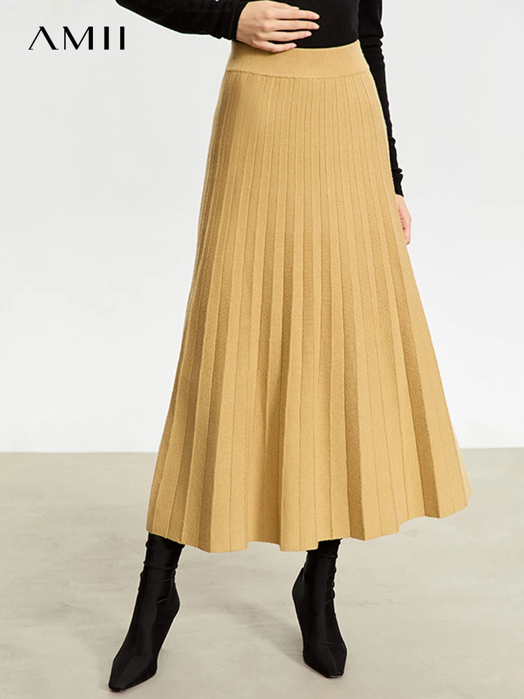 AMII Minimalist 2023 Wool Pleated Skirts for Women Winter New Midi Slim Fit A-line Knitted Umbrella Solid Skirt Female 12354018