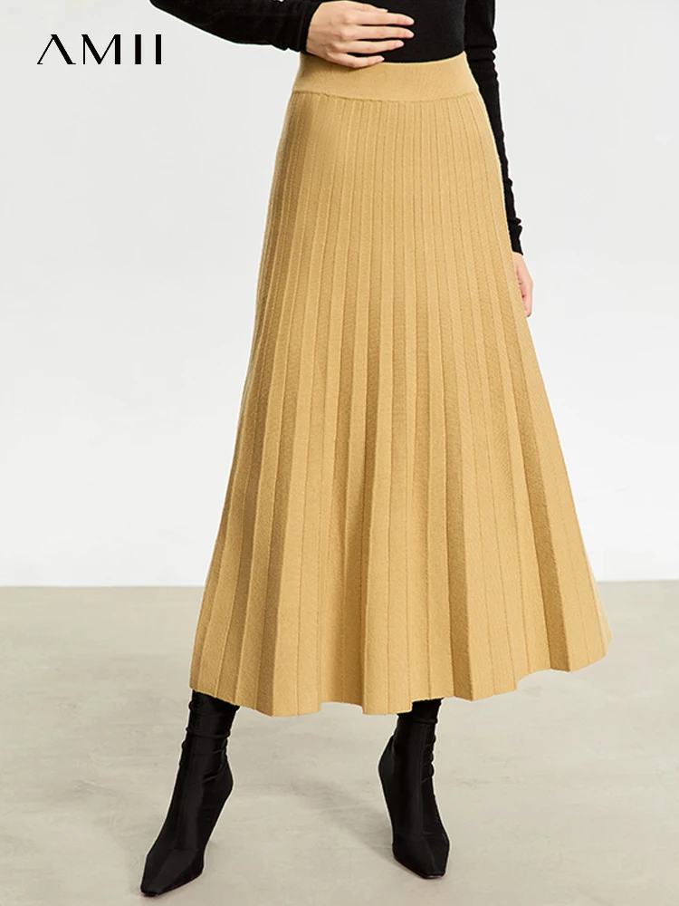 

AMII Minimalist 2023 Wool Pleated Skirts for Women Winter New Midi Slim Fit A-line Knitted Umbrella Solid Skirt Female 12354018