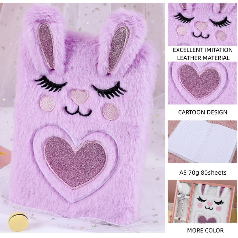 A5 Cute Girl Embroidered Cartoon Plush Notebook, Hand Book Student Prize Journal Record Diary Book 160 Pages 2