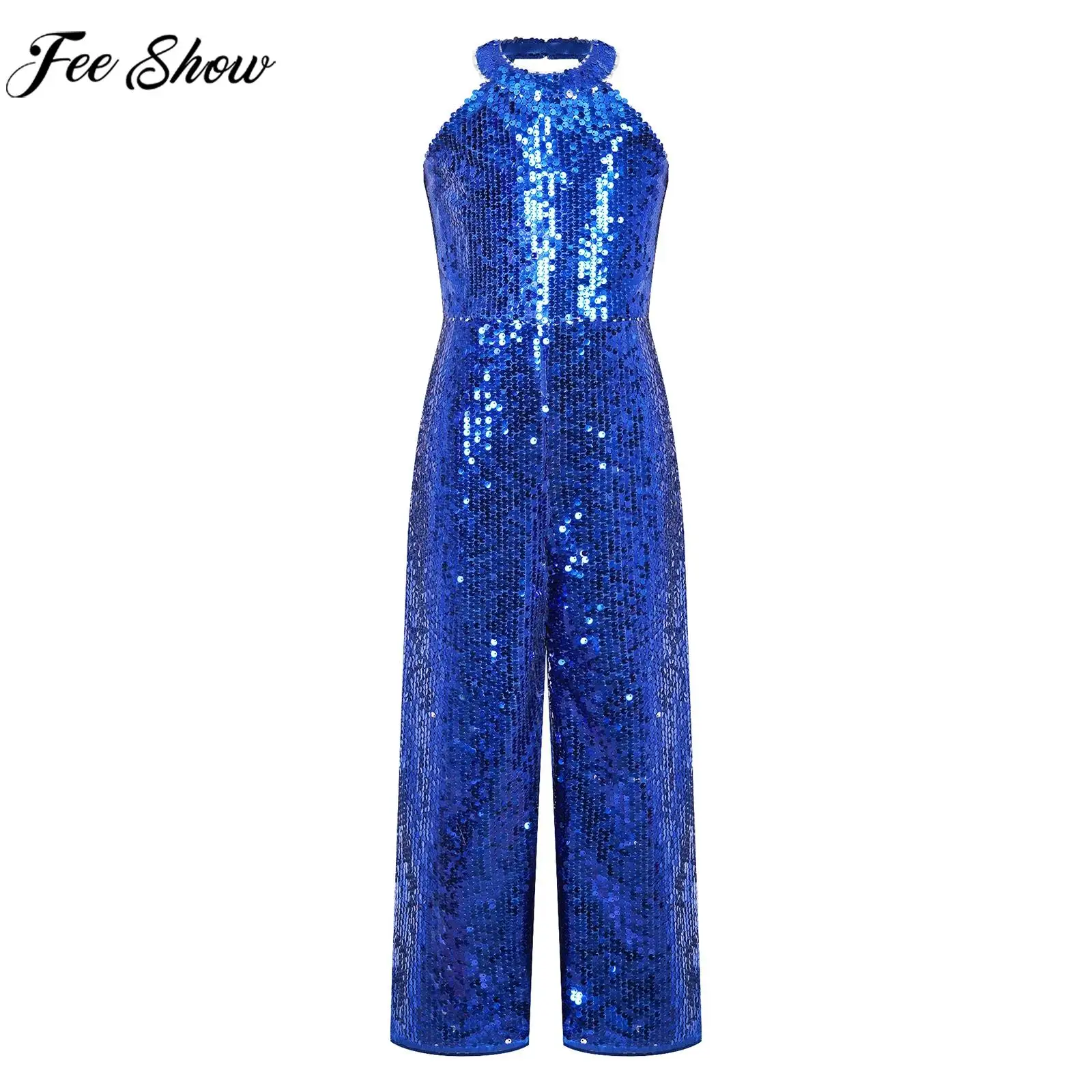 Teen Girls Sequin Party Bodysuit Sleeveless Halter Neck Jumpsuit Birthday Wedding Party Evening Dance Stage Performance Rompers 1