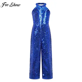 Teen Girls Sequin Party Bodysuit Sleeveless Halter Neck Jumpsuit Birthday Wedding Party Evening Dance Stage Performance Rompers 1