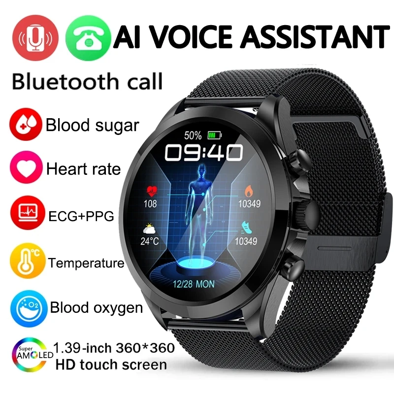 

New Blood Glucose ECG Monitor Smartwatch for Men Health Bluetooth call Blood Pressure Body Temperature Measurement watches 2023