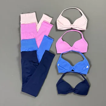 2Pcs HISTELLO Yoga Sets Women Seamless Halter Backless Sports Bra Scrunch Breathable Long Leggings Gym Running Workout Sportwear