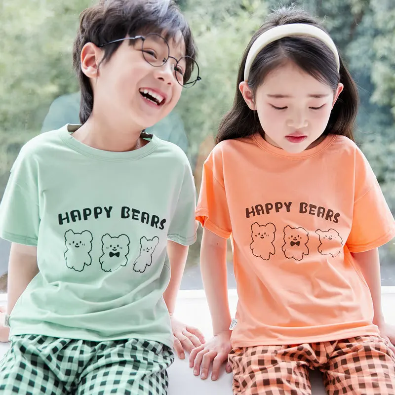라이크라 격자 면 반팔 바지, 어린이 라운지웨어, 세트 홈 잠옷, 캐주얼 세트, 남녀공용, 신제품