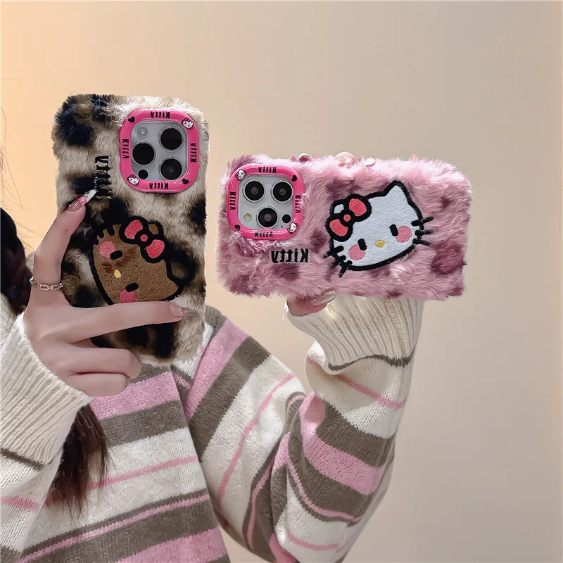 

Sanrio Leopard Print Embroidery Hello Kitty Plush Phone Case for IPhone 15 14 13 12 Pro Max Girly Heart Anti-fall Back Cover