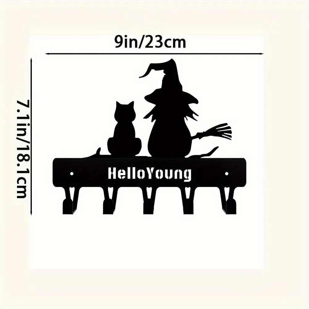Iron Silhouette Cute Witch And Cat Garden Stake On The Branch Yard Art Decor, Tree Stump Plug-in, For Garden Lawn Courtyard