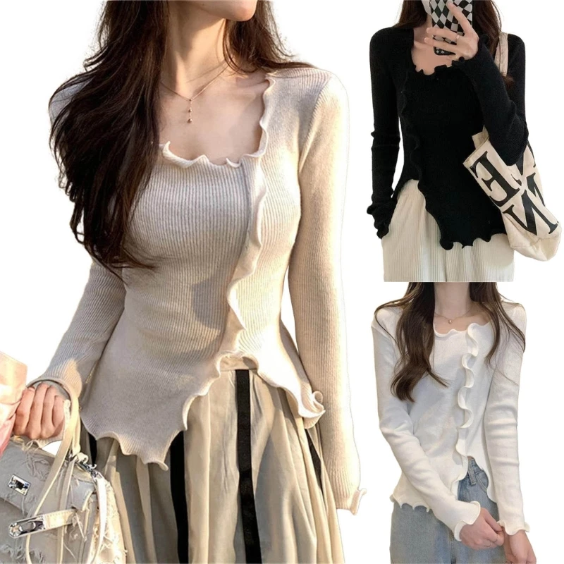 

Women 2023 Ruffle Neck Long Sleeve Ribbed Knit Shirts Fitted Sweater