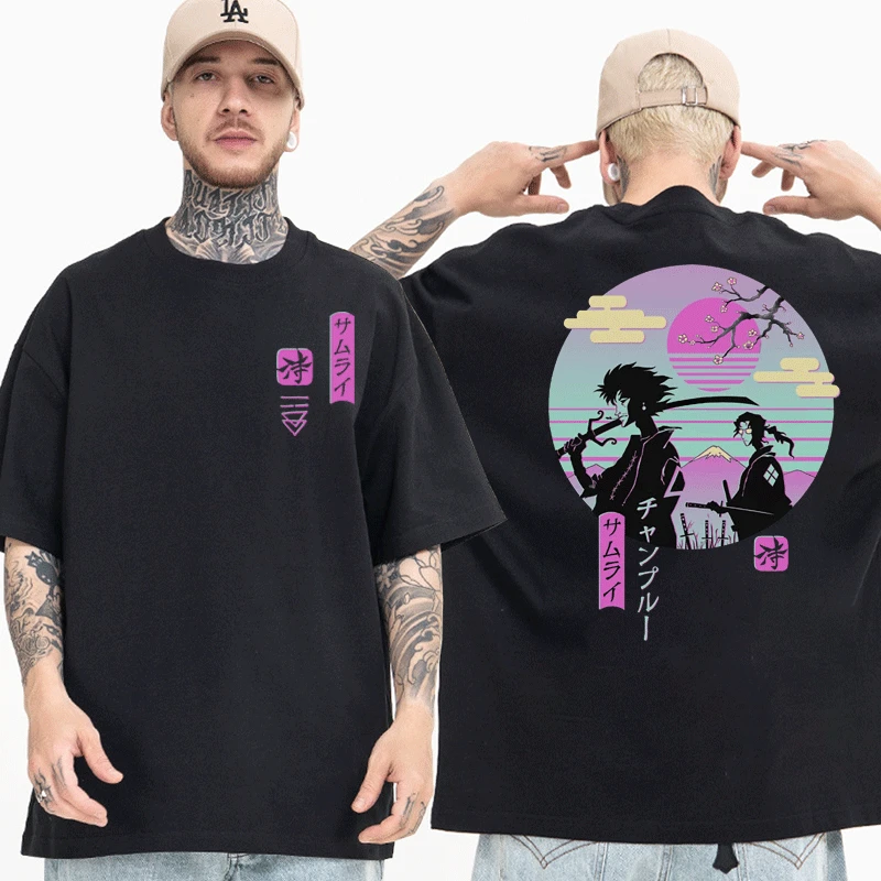 

Japanese Anime Samurai Chillhop Double Sided Graphic Print T Shirt Men's Summer Cotton Casual T Shirts Oversized Streetwear Tees