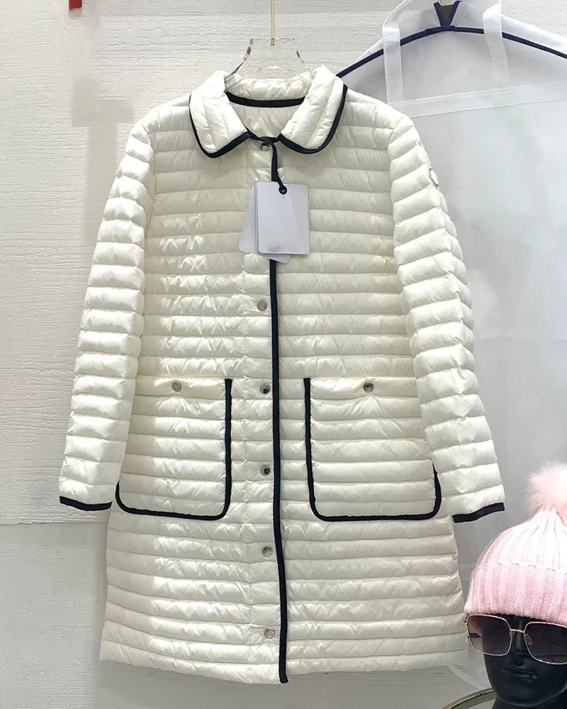 

Новинка Осень-зима 2023, женское длинное пуховое пальто высокого качества, роскошная брендовая одежда, дизайнерская теплая куртка с отложным воротником, топы