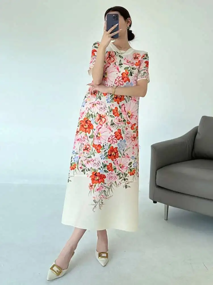 LANMREM Pleated Printting Blue Women's Dress Loose Casual Short Sleeve Elastic Summer Dresses 2025 New Chic Clothing 2DB3513 - Image 2
