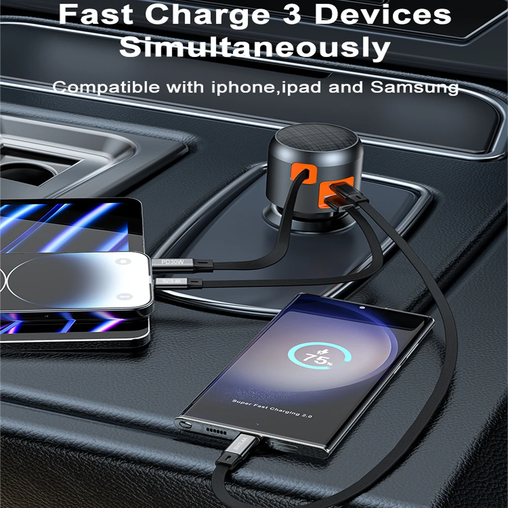 Fast Charging 3 in 1 USB Car Charger for Phones and Devices