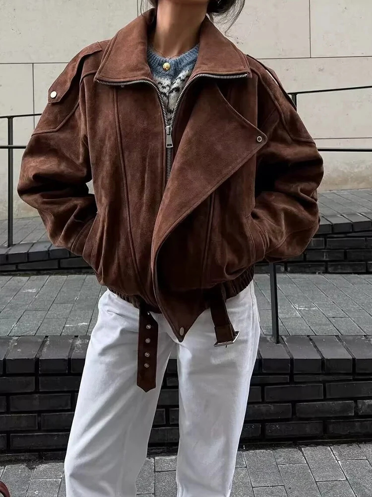 Women Suede Jacket 2025 New Fashion Long Sleeve Jackets Zipper Loose Coat Chic Vintage Female High Street Casual Outerwear ﻿