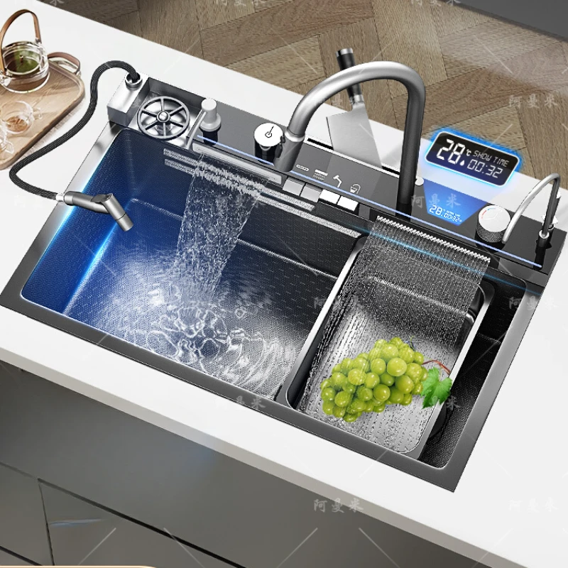 

304 stainless steel Sink, Kitchen Multi-functional Washing Basin, Household Digital Display Embossed Large Single Groove