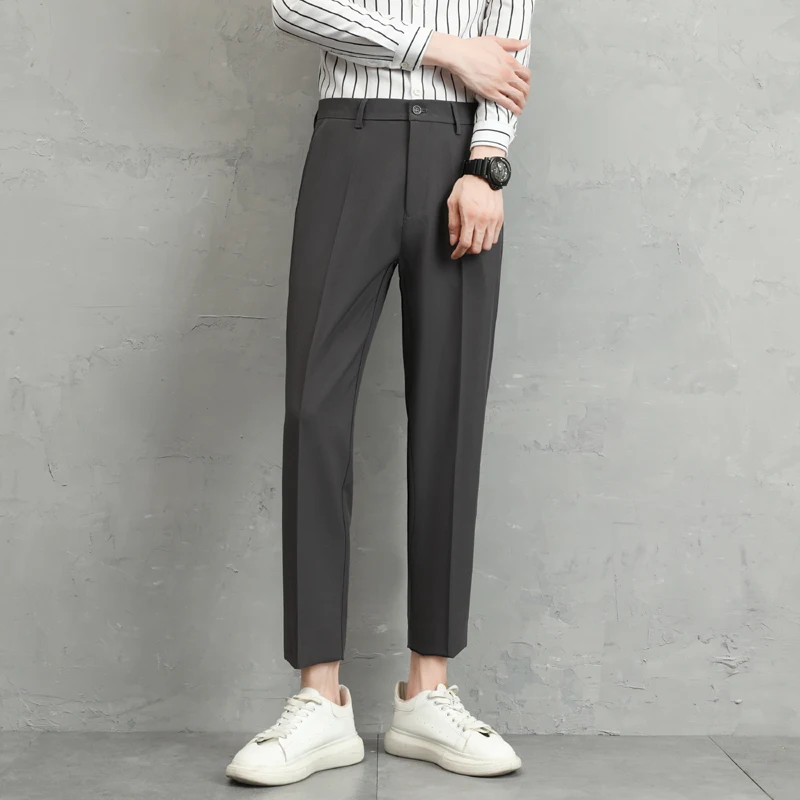 Men's summer ice thin business suit pants paired with Japanese and Korean straight leg loose black casual cropped suit pants 3