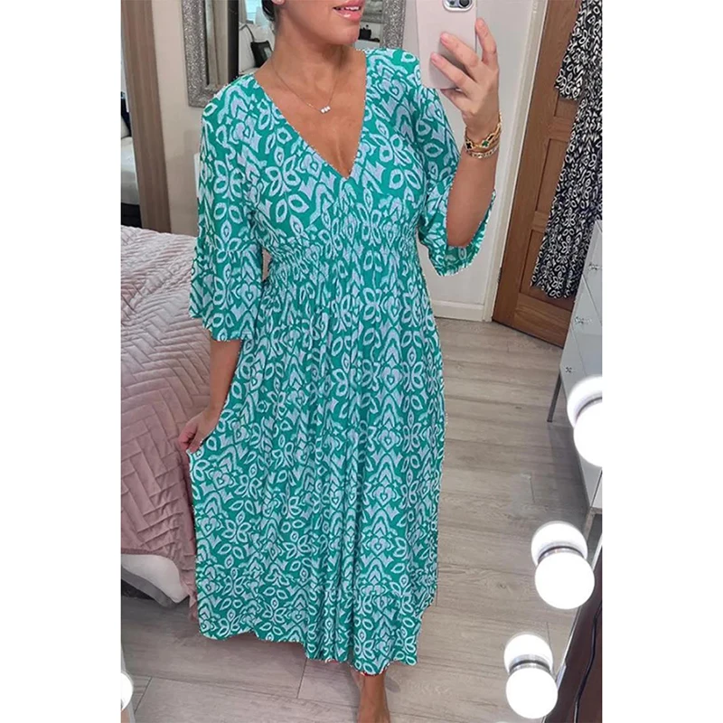 New Women's V-neck Dress Cropped Sleeves Floral Seaside Holiday Dresses Casual Loose ElegantElastic Waist A-line Long Skirt 2