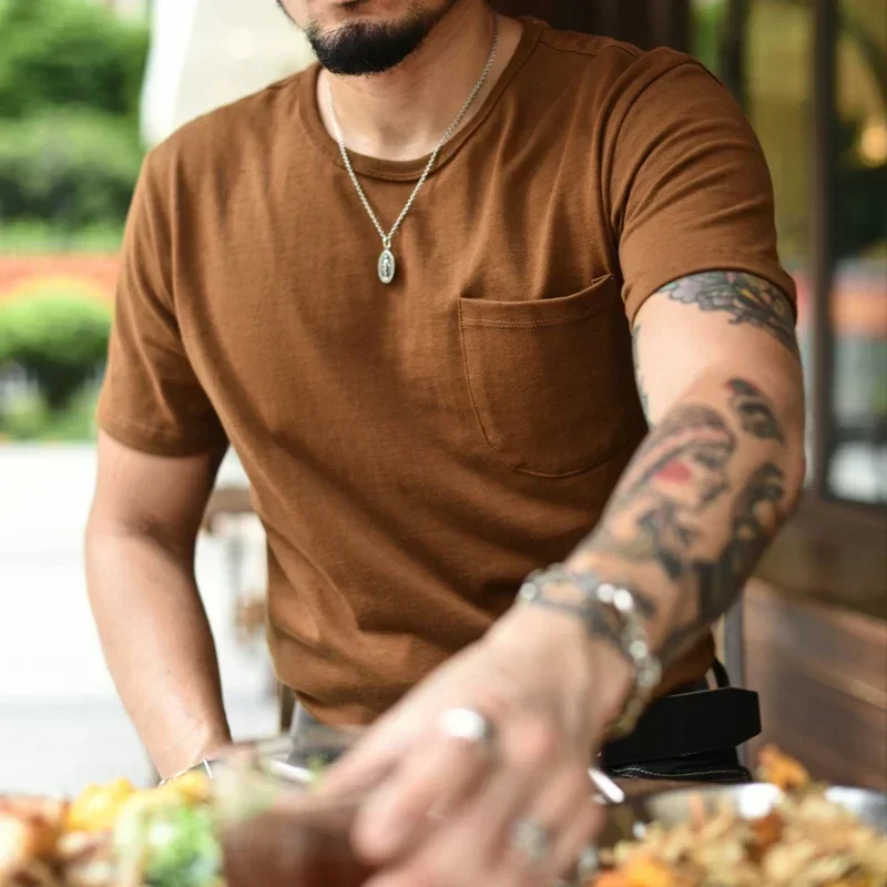Saucezhan Tops & Tees Men's T-shirt Thick Shirts for Men Solid Color Double-woven fabric Short Sleeve Anti-deformation 340g 3
