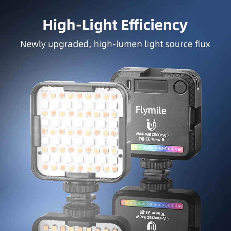 Flymile RGB 미니 마그네틱 비디오 라이트, 고프로 히어로 12, 11, 10, 9 LED 카메라, 셀카 브이로그용, 충전식 조절식 조명 액세서리