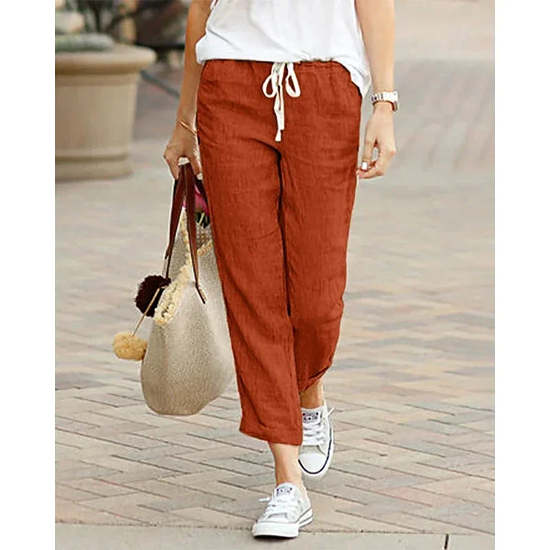 Solid Color Drawstring Elastic Waist Women Long Pants Loose Fit Plus Size Pockets All-Match Comfortable Straight Lady Trousers 6