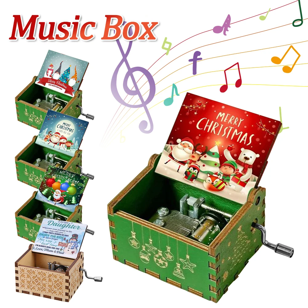 Christmas Music Box Hand Crank Engraved Musical Box Wooden Anime Theme Merry Christmas Decorations Birthday Gifts for Boy Girls