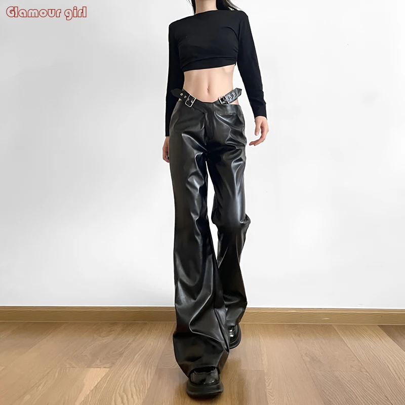 

metal hollowed out micro flared leather pants with a leaky waist for fashionable slimming high-end feel versatile casual pants