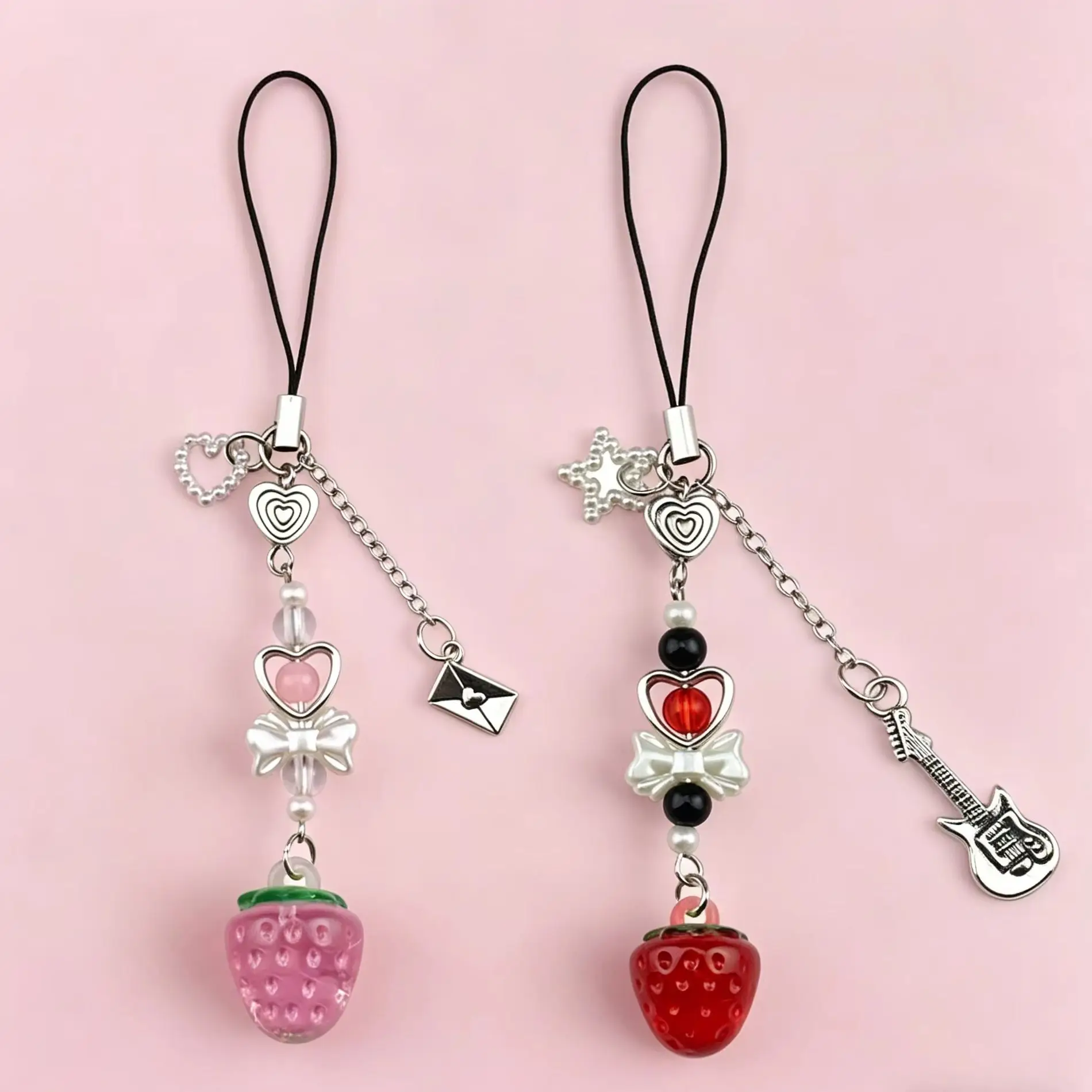 Adorable Strawberry & Cherry Phone Charm with Heart Bow Beads and Guitar Pendant