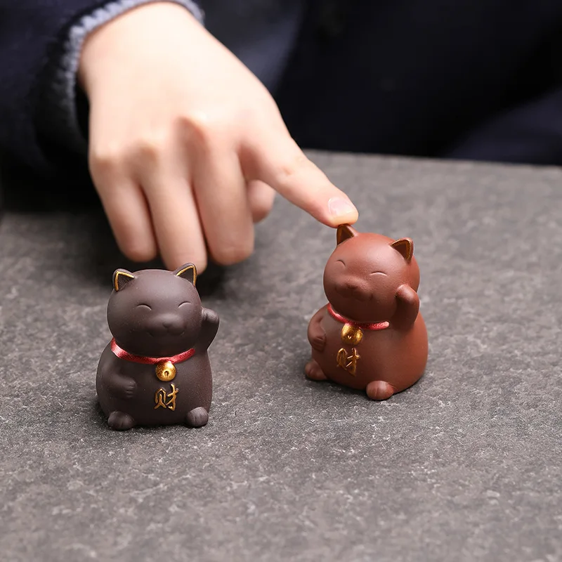 Tea Pet Ornaments Purple Sand Lucky Cat Tea Favourite Ornaments Gold Painted Boutique Tea Table Accessories Kitten Decorations Can Be Maintained